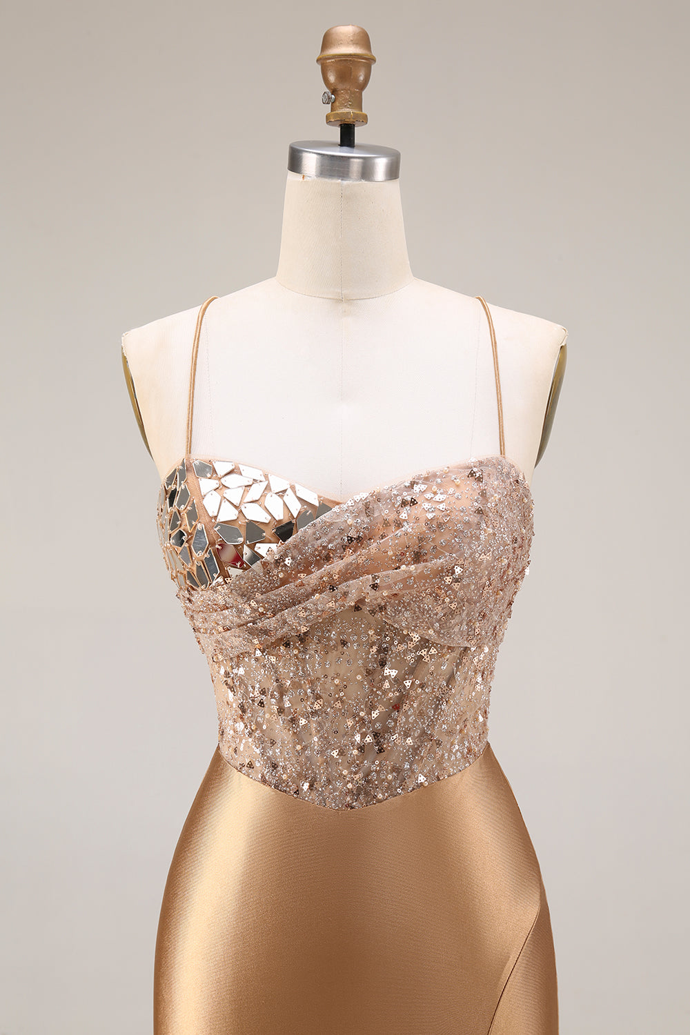 Sparkly Gold Satin Mermaid Mirror Sequins Long Corset Prom Dress with Slit