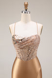 Sparkly Gold Satin Mermaid Mirror Sequins Long Corset Prom Dress with Slit