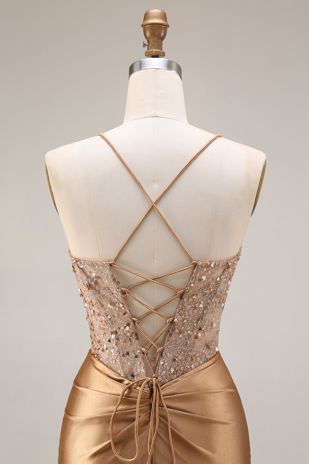 Sparkly Gold Satin Mermaid Mirror Sequins Long Corset Prom Dress with Slit