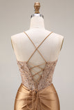 Sparkly Gold Satin Mermaid Mirror Sequins Long Corset Prom Dress with Slit