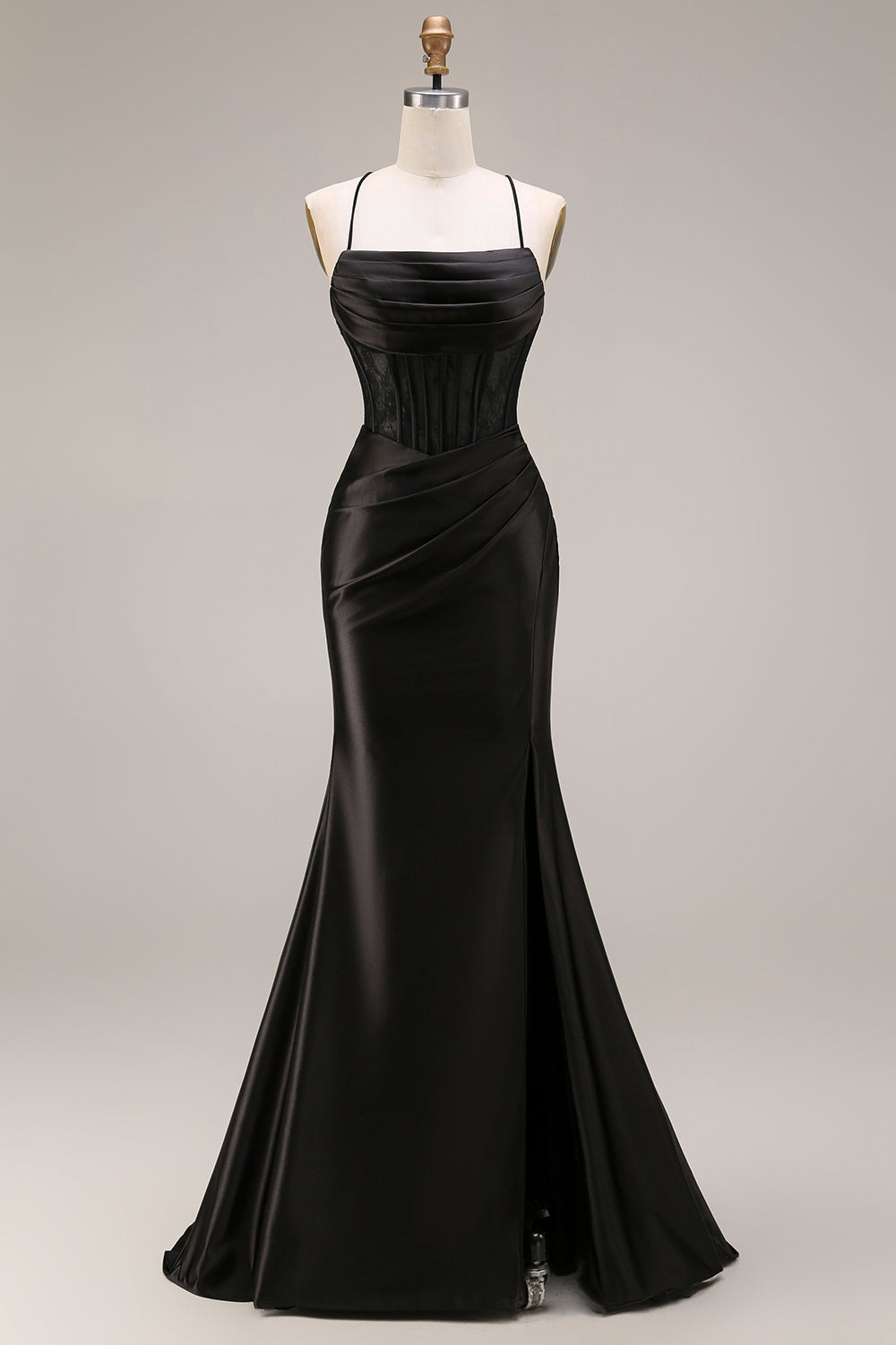Black Satin Mermaid Ruched Long Corset Prom Dress with Lace