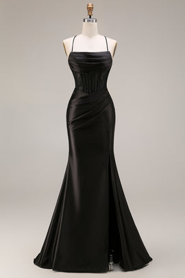Black Satin Mermaid Ruched Long Corset Prom Dress with Lace