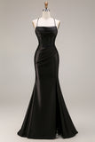 Black Satin Mermaid Ruched Long Corset Prom Dress with Lace