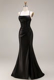 Black Satin Mermaid Ruched Long Corset Prom Dress with Lace