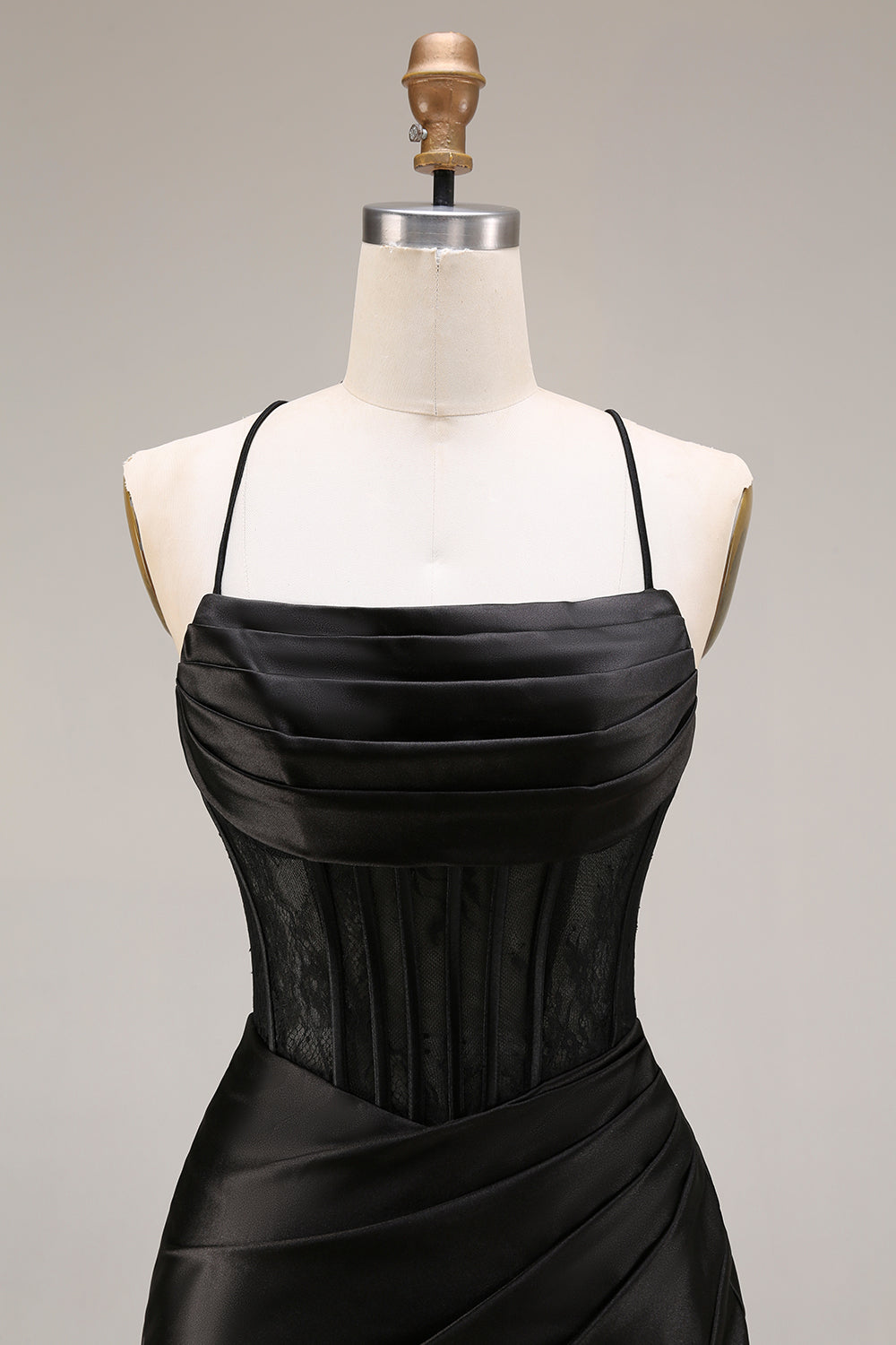 Black Satin Mermaid Ruched Long Corset Prom Dress with Lace