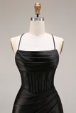 Black Satin Mermaid Ruched Long Corset Prom Dress with Lace