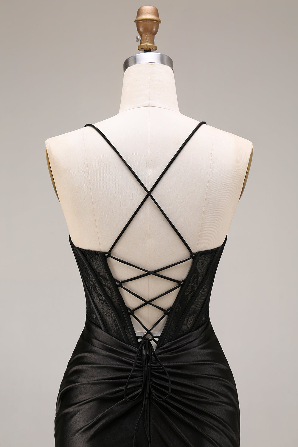 Black Satin Mermaid Ruched Long Corset Prom Dress with Lace