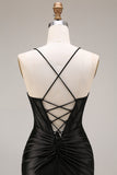 Black Satin Mermaid Ruched Long Corset Prom Dress with Lace