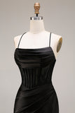 Black Satin Mermaid Ruched Long Corset Prom Dress with Lace