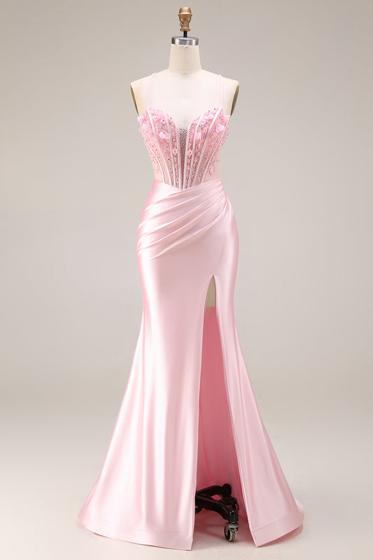 Sparkly Pink Satin Mermaid Beaded Long Corset Prom Dress with 3D Flowers