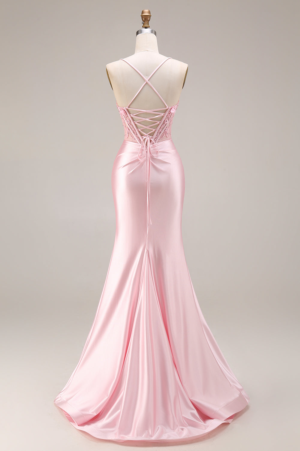 Zapakasa Women Sparkly Pink Satin Long Corset Prom Dress with Slit