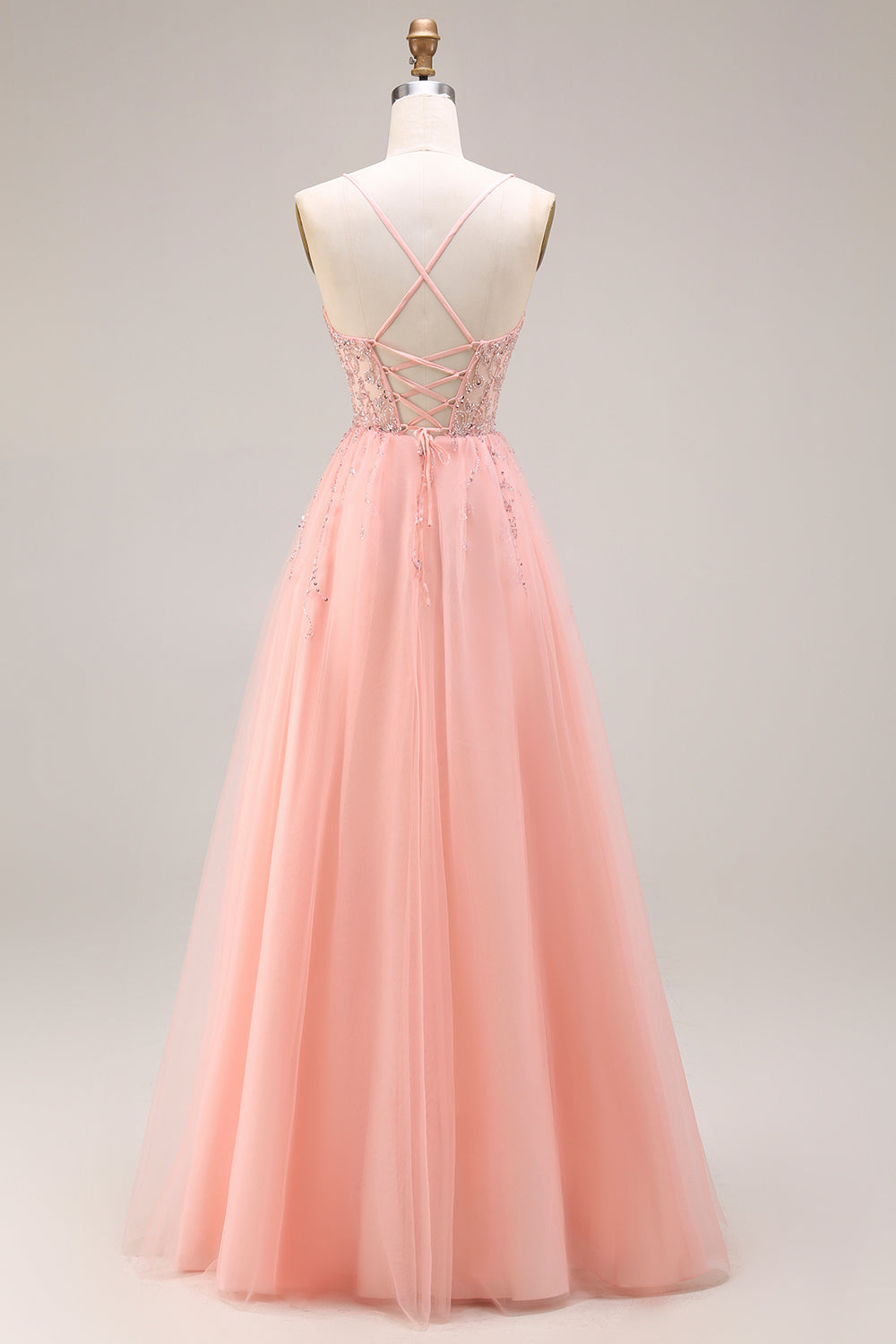 Sparkly Watermelon Tulle A Line Long Corset Prom Dress with Beading