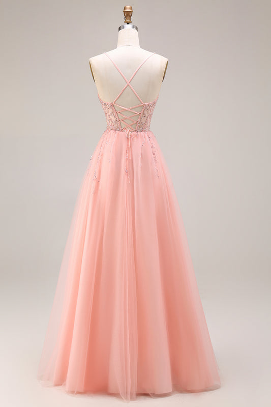 Sparkly Watermelon Tulle A Line Long Corset Prom Dress with Beading