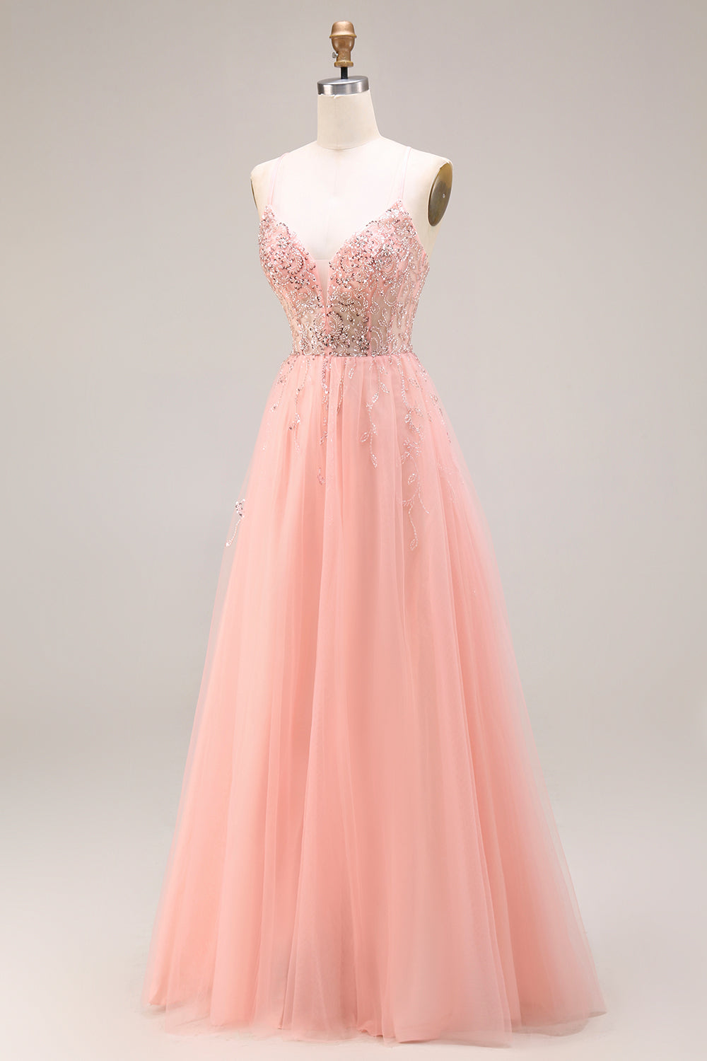 Sparkly Watermelon Tulle A Line Long Corset Prom Dress with Beading