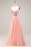 Sparkly Watermelon Tulle A Line Long Corset Prom Dress with Beading