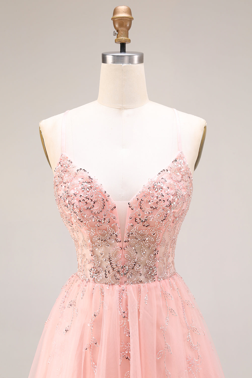 Sparkly Watermelon Tulle A Line Long Corset Prom Dress with Beading