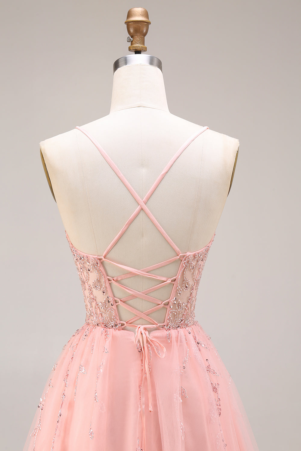 Sparkly Watermelon Tulle A Line Long Corset Prom Dress with Beading