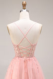 Sparkly Watermelon Tulle A Line Long Corset Prom Dress with Beading