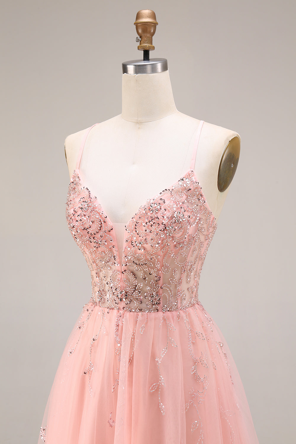 Sparkly Watermelon Tulle A Line Long Corset Prom Dress with Beading