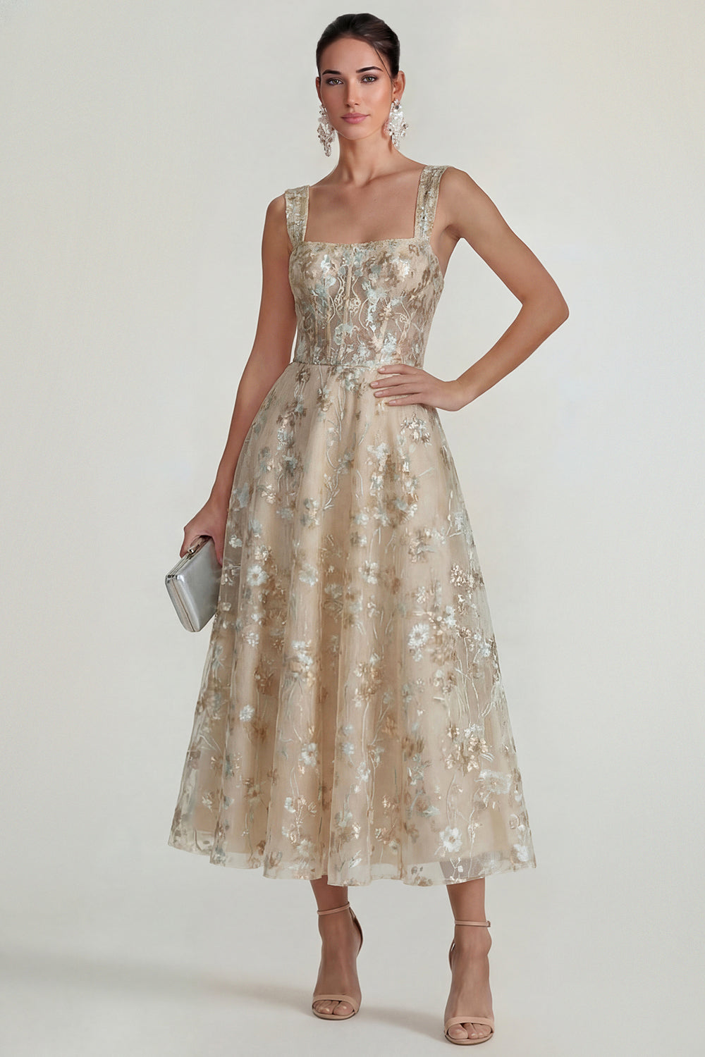 Pink Floral Corset Square Neck A Line Maxi Wedding Guest Dress