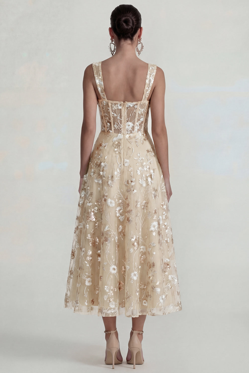 Pink Floral Corset Square Neck A Line Maxi Wedding Guest Dress