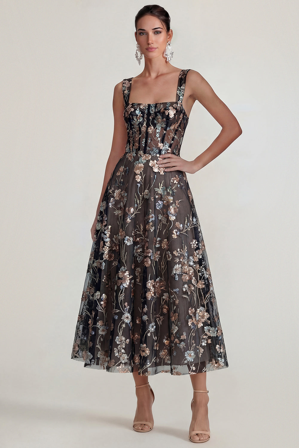 Pink Floral Corset Square Neck A Line Maxi Wedding Guest Dress