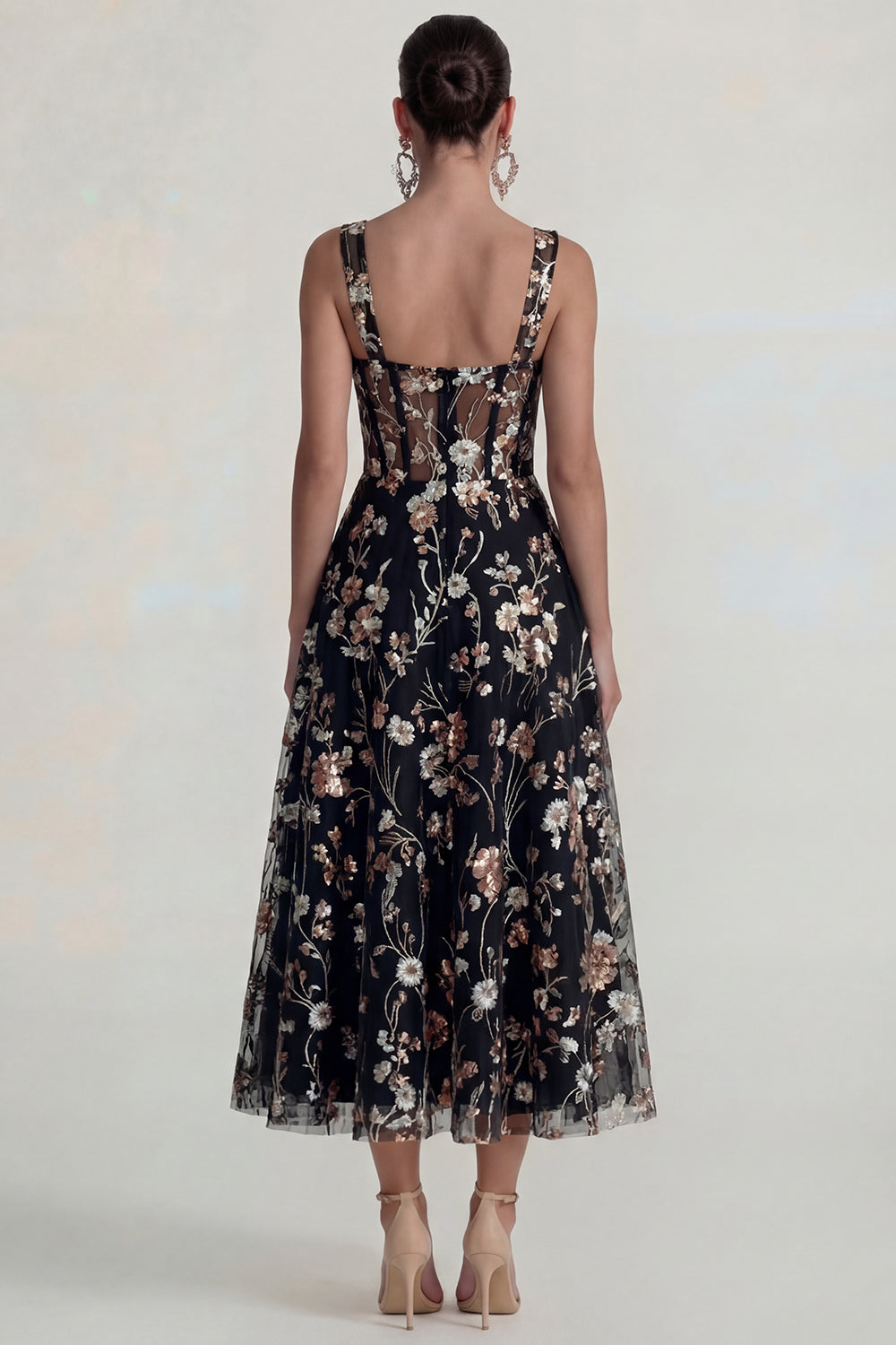 Pink Floral Corset Square Neck A Line Maxi Wedding Guest Dress