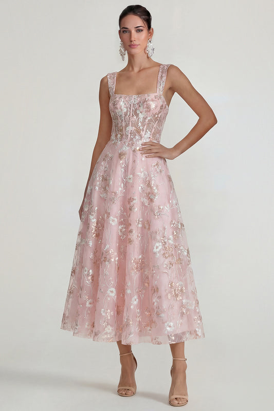 Pink Floral Corset Square Neck A Line Maxi Wedding Guest Dress