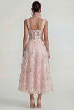 Pink Floral Corset Square Neck A Line Maxi Wedding Guest Dress