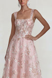 Pink Floral Corset Square Neck A Line Maxi Wedding Guest Dress