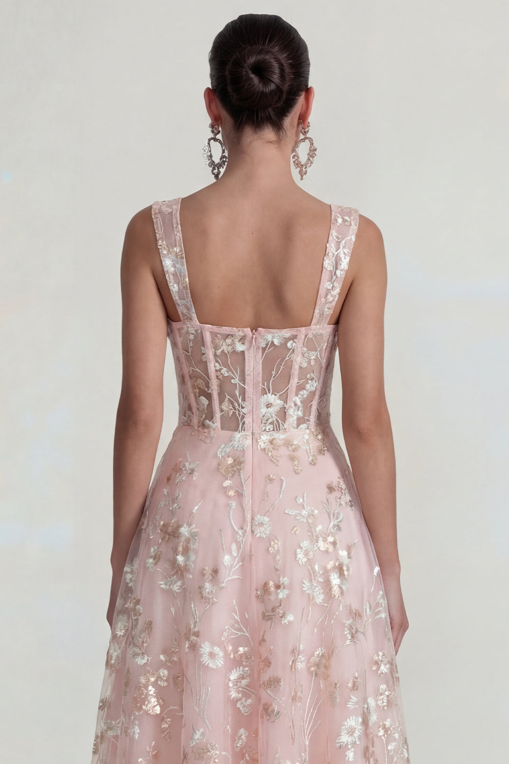 Pink Floral Corset Square Neck A Line Maxi Wedding Guest Dress