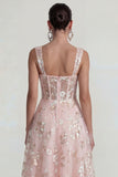 Pink Floral Corset Square Neck A Line Maxi Wedding Guest Dress