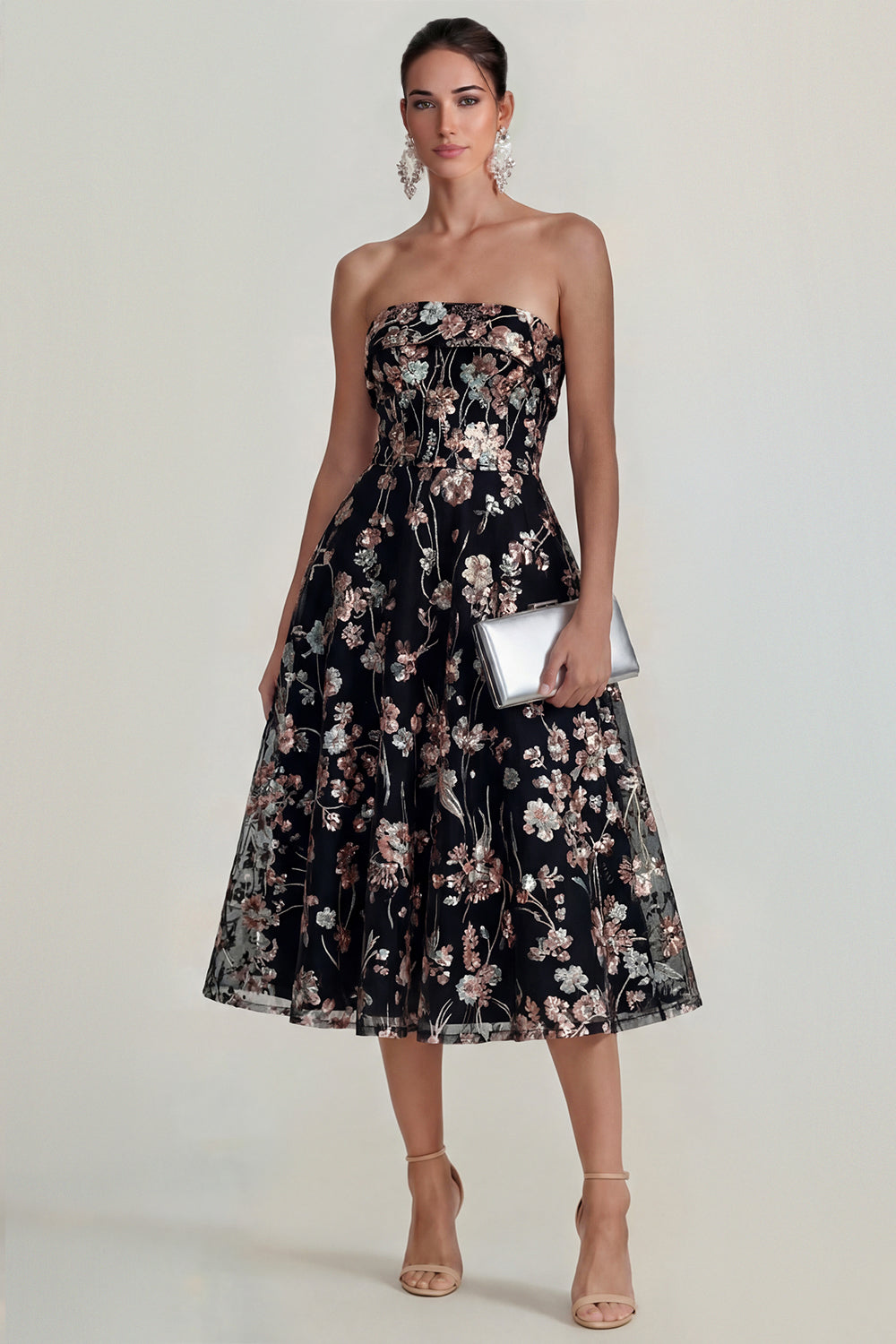 Pink Floral Strapless A Line Maxi Wedding Guest Dress