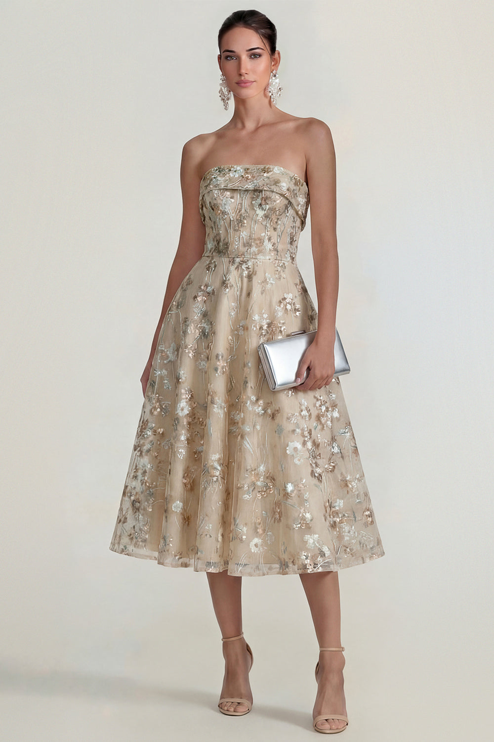 Pink Floral Strapless A Line Maxi Wedding Guest Dress