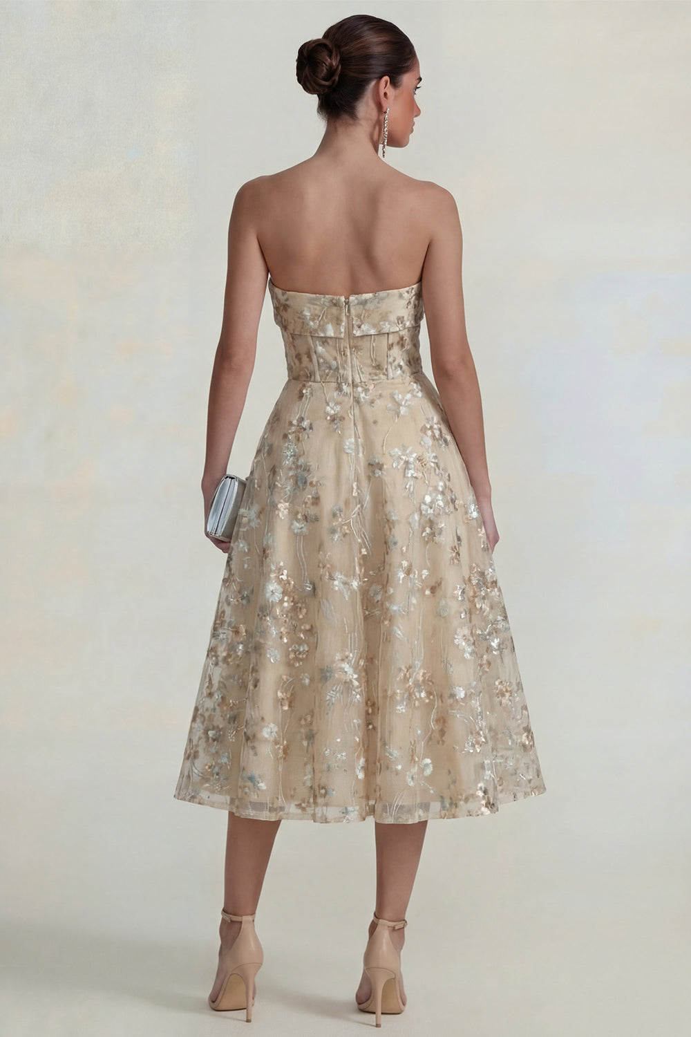 Pink Floral Strapless A Line Maxi Wedding Guest Dress
