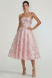 Pink Floral Strapless A Line Maxi Wedding Guest Dress