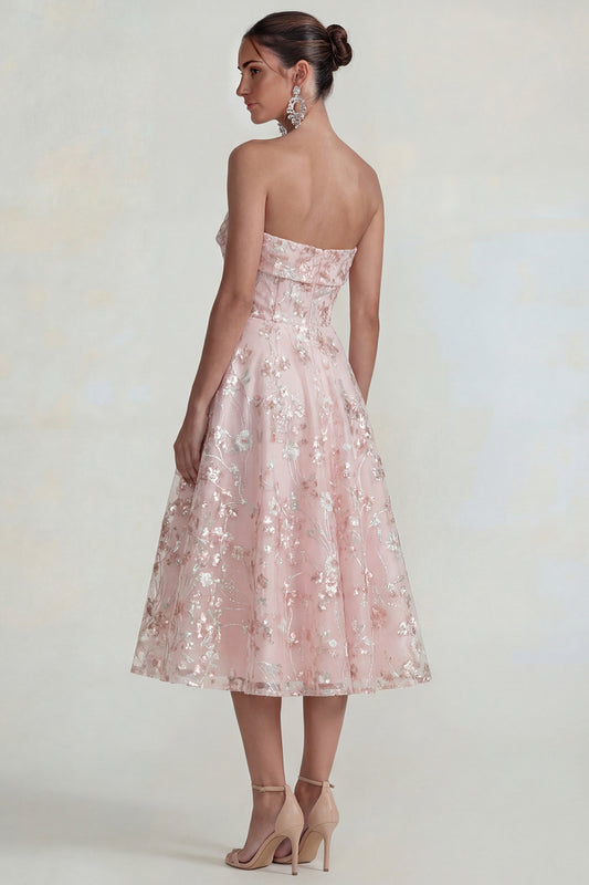 Pink Floral Strapless A Line Maxi Wedding Guest Dress