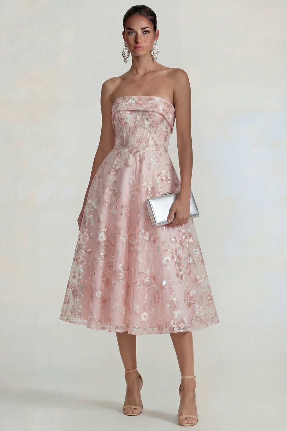 Pink Floral Strapless A Line Maxi Wedding Guest Dress