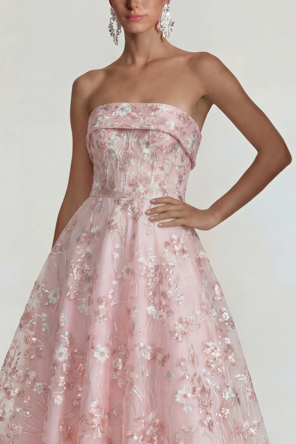 Pink Floral Strapless A Line Maxi Wedding Guest Dress