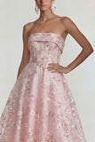 Pink Floral Strapless A Line Maxi Wedding Guest Dress