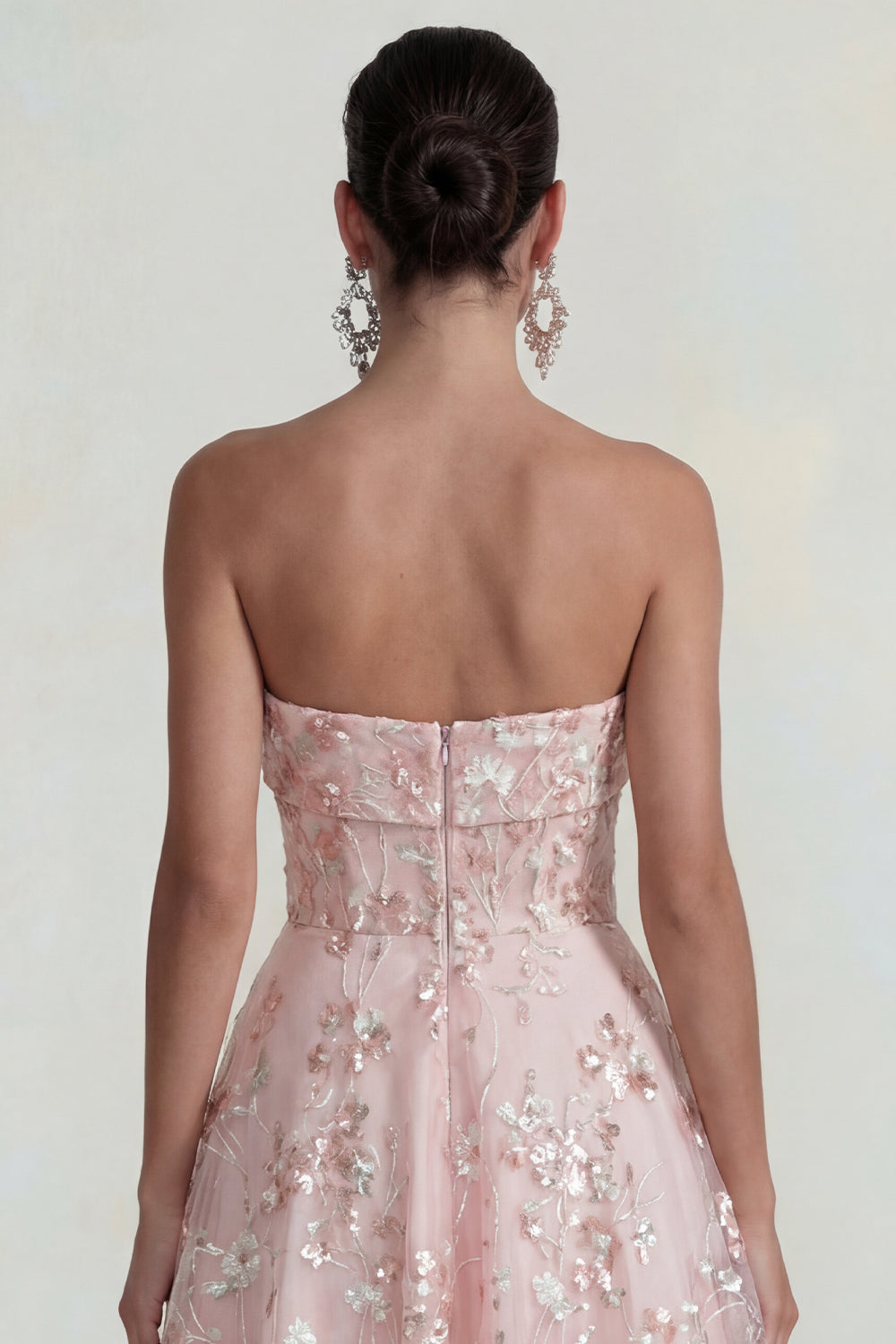 Pink Floral Strapless A Line Maxi Wedding Guest Dress