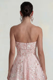 Pink Floral Strapless A Line Maxi Wedding Guest Dress