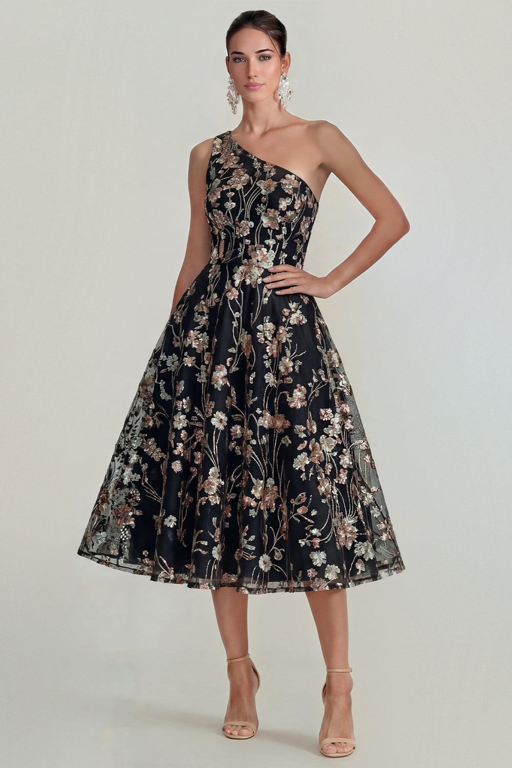 Sparkly Pink Floral One Shoulder A Line Maxi Wedding Guest Dress