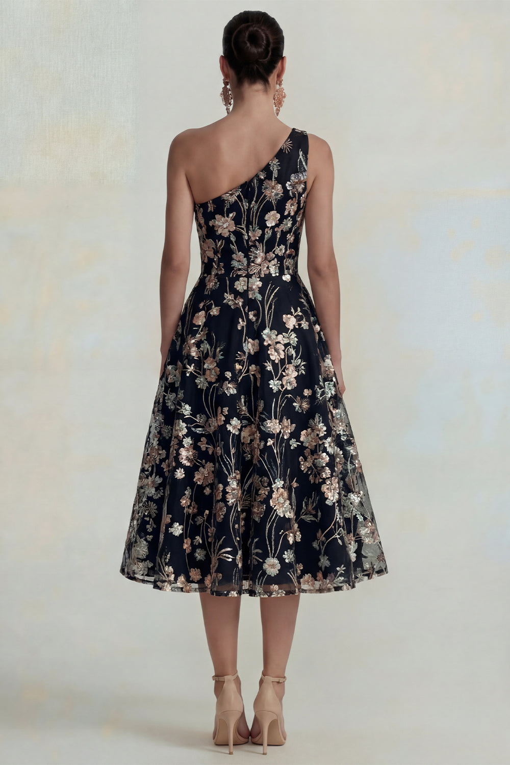 Sparkly Pink Floral One Shoulder A Line Maxi Wedding Guest Dress