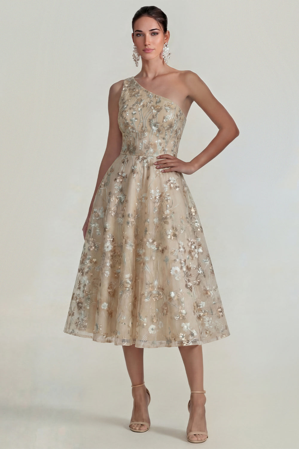 Sparkly Pink Floral One Shoulder A Line Maxi Wedding Guest Dress