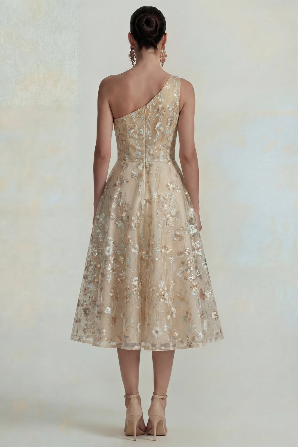 Sparkly Pink Floral One Shoulder A Line Maxi Wedding Guest Dress