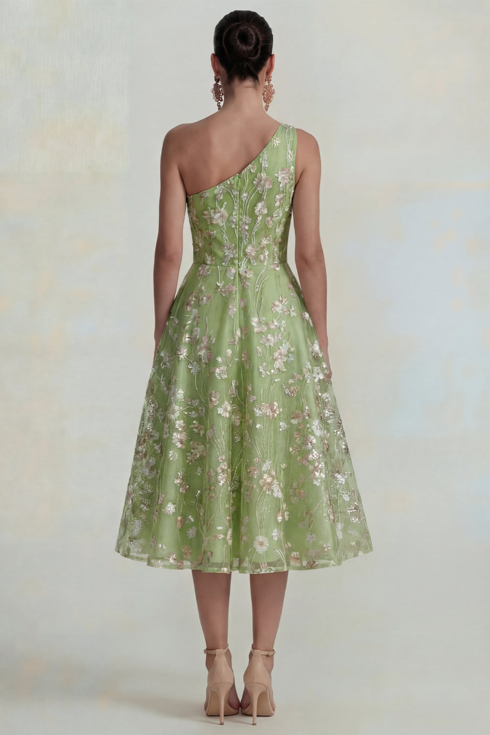 Sparkly Pink Floral One Shoulder A Line Maxi Wedding Guest Dress