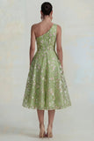 Sparkly Pink Floral One Shoulder A Line Maxi Wedding Guest Dress
