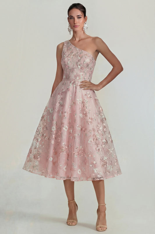 Sparkly Pink Floral One Shoulder A Line Maxi Wedding Guest Dress