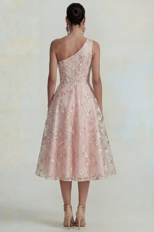 Sparkly Pink Floral One Shoulder A Line Maxi Wedding Guest Dress